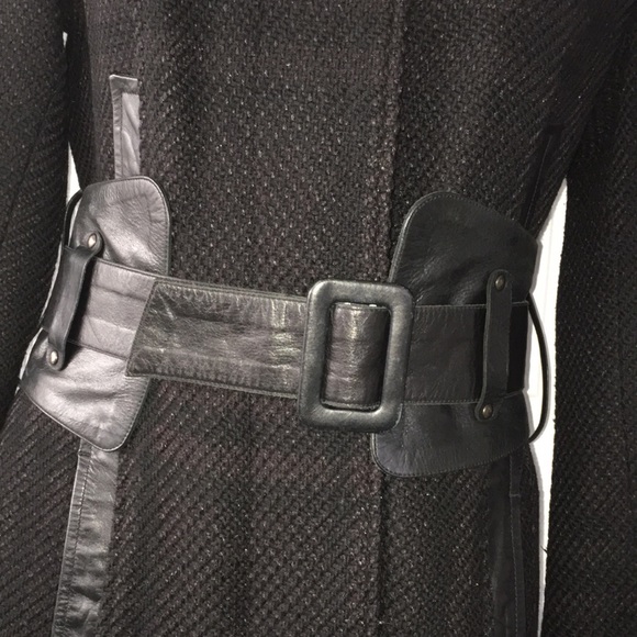 Mackage Black long wool blend with REAL LEATHER BELTS n TRIM NWT - Picture 4 of 17